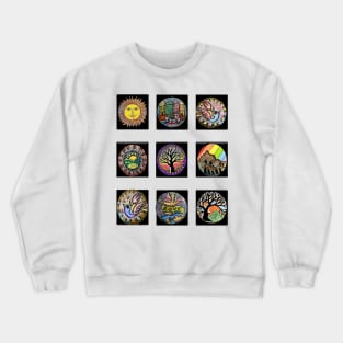 9 small paintings sun,boat,hills,tree,rainbow,bird,birds and trees Crewneck Sweatshirt